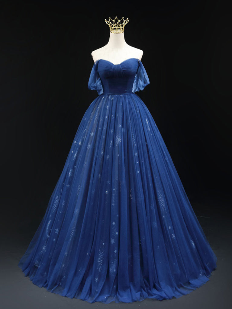 A-Line Off Shoulder Tulle Dark Blue Long Prom Dress, Blue Tulle Formal dresstby A-Line Off Shoulder Tulle Dark Blue Long Prom Dress, Blue Tulle Formal dresstby