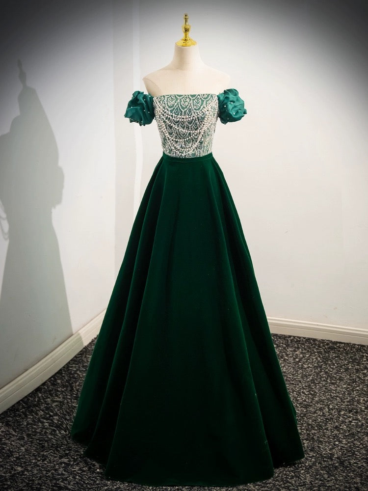 A-Line Velvet Sequin Beads Green Long Prom Dress, Green Velvet Long Formal Dress