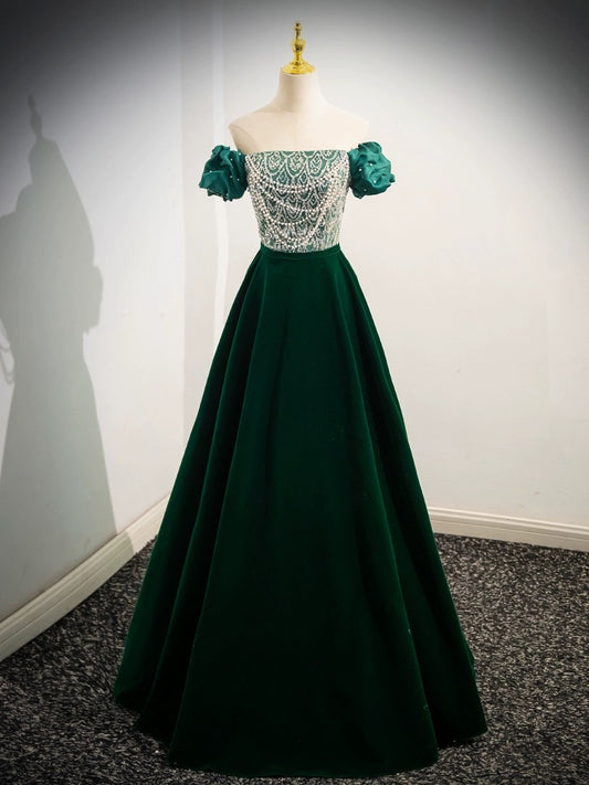 A-Line Velvet Sequin Beads Green Long Prom Dress, Green Velvet Long Formal Dress