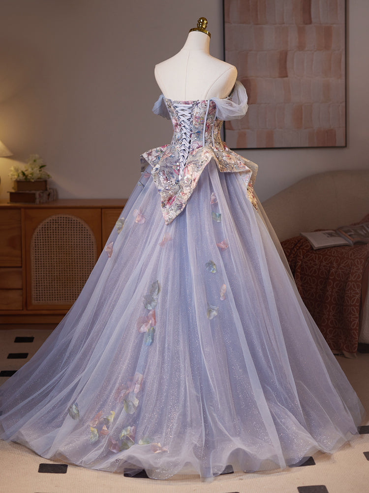 A-Line Off Shoulder Tulle Lace Purple Long Prom Dress, Purple Long Formal Dress