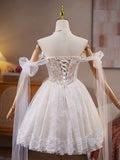 A-Line Off Shoulder Tulle Lace Light Champagne Short Prom Dress, Light Champagne Homecoming Dress