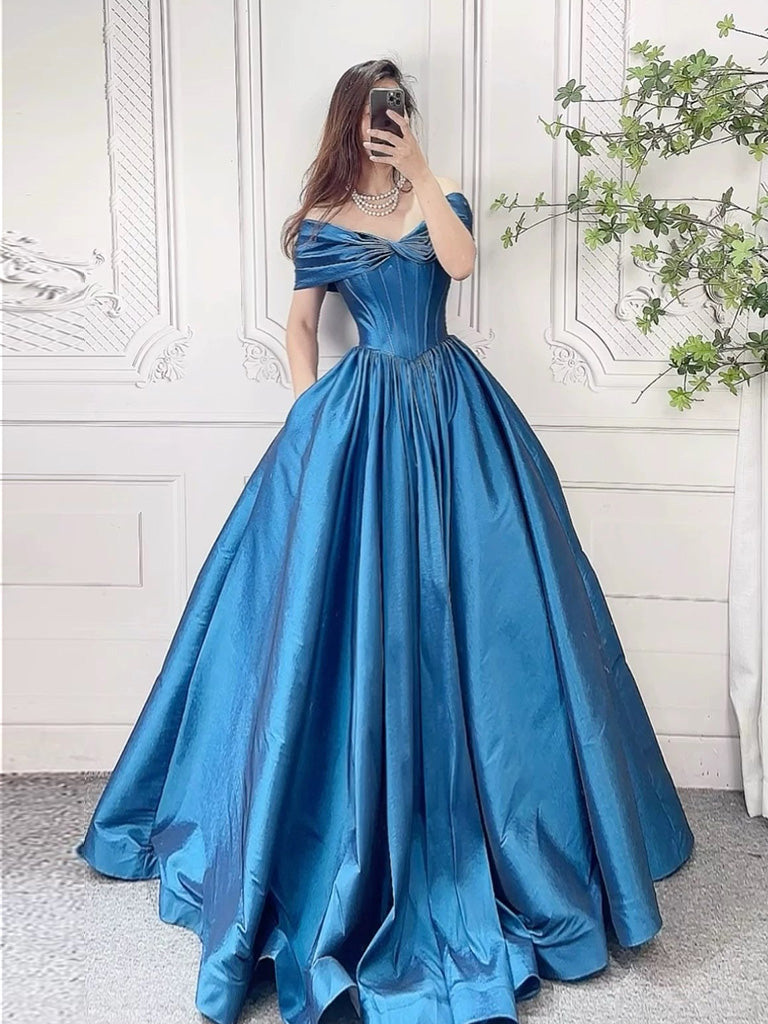 A-Line Off Shoulder Taffeta Blue Long Prom Dress, Blue Long Evening Dress
