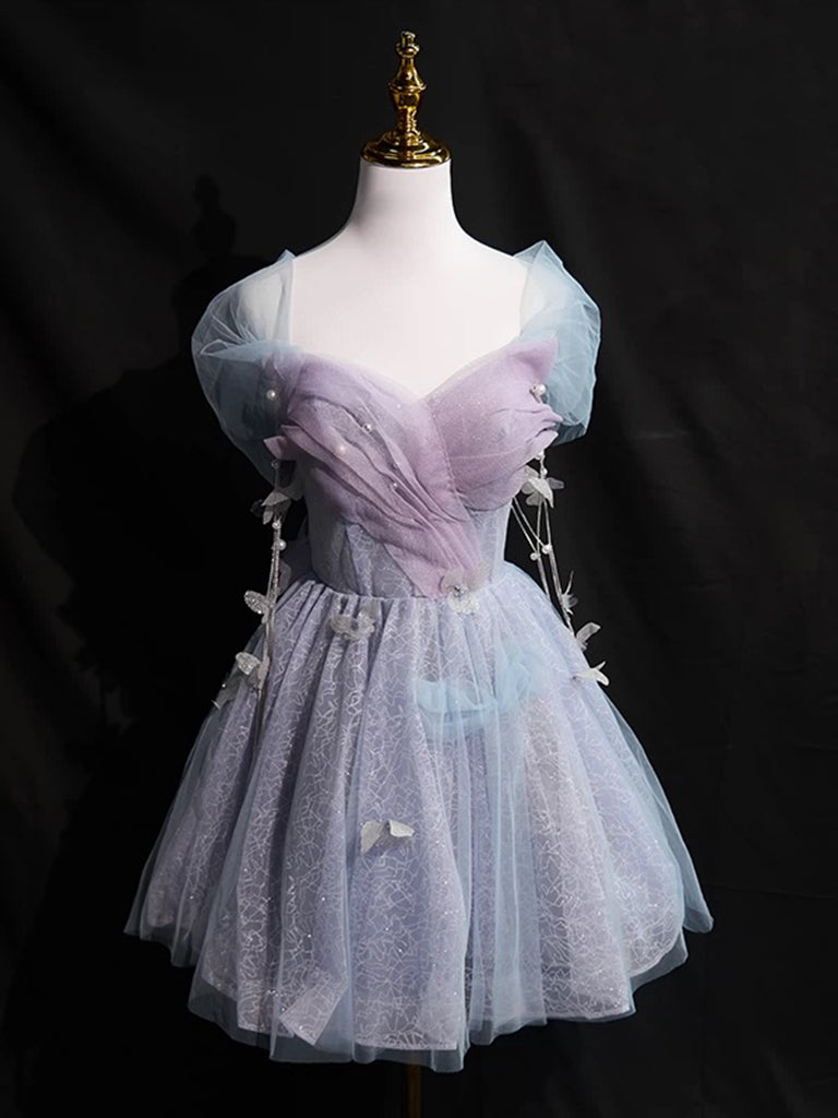 A-Line Off Shoulder Tulle Purple Short Prom Dress, Purple Homecoming Dress