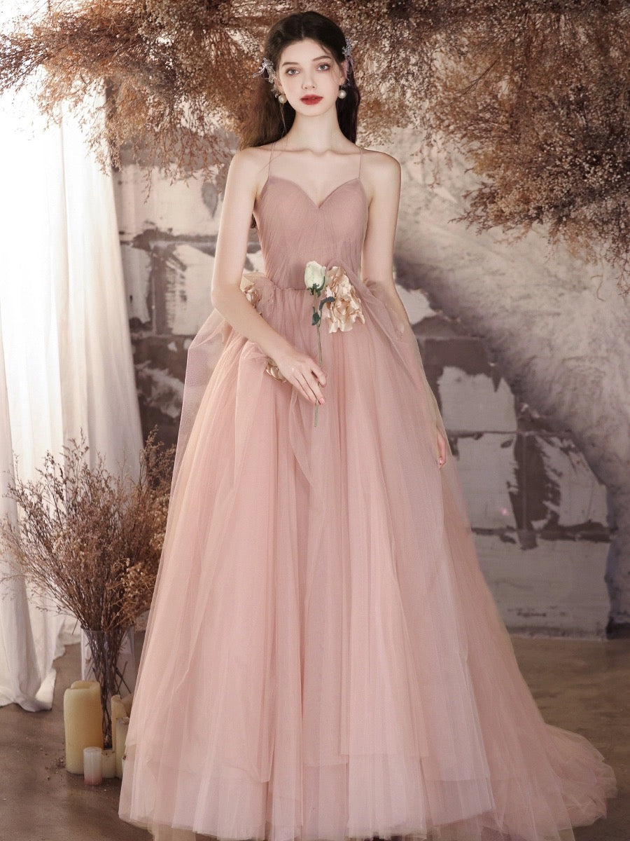 A-Line V Neck Tulle Flower Pink Long Prom Dress, Pink Long Evening Dre dresstby A-Line V Neck Tulle Flower Pink Long Prom Dress, Pink Long Evening Dre dresstby
