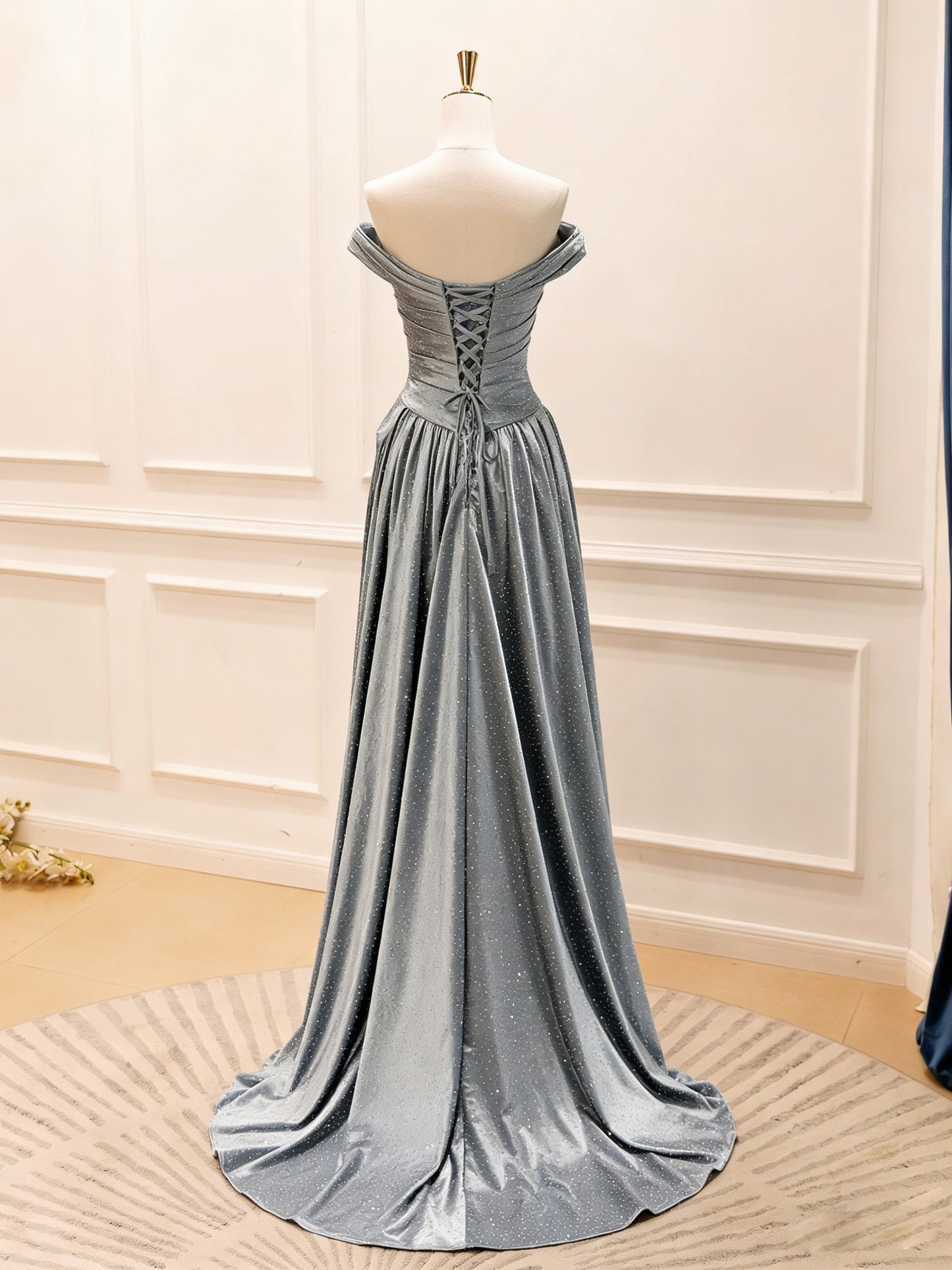 A-Line Off Shoulder Satin Beads Gray Long Prom Dress