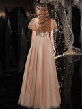 A-Line Tulle Lace Champagne Long Prom Dress, Champagne Long Formal Dress