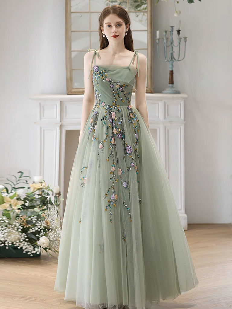 A-Line Tulle Beads Green Long Prom Dress, Green Long Formal Dress dresstby A-Line Tulle Beads Green Long Prom Dress, Green Long Formal Dress dresstby