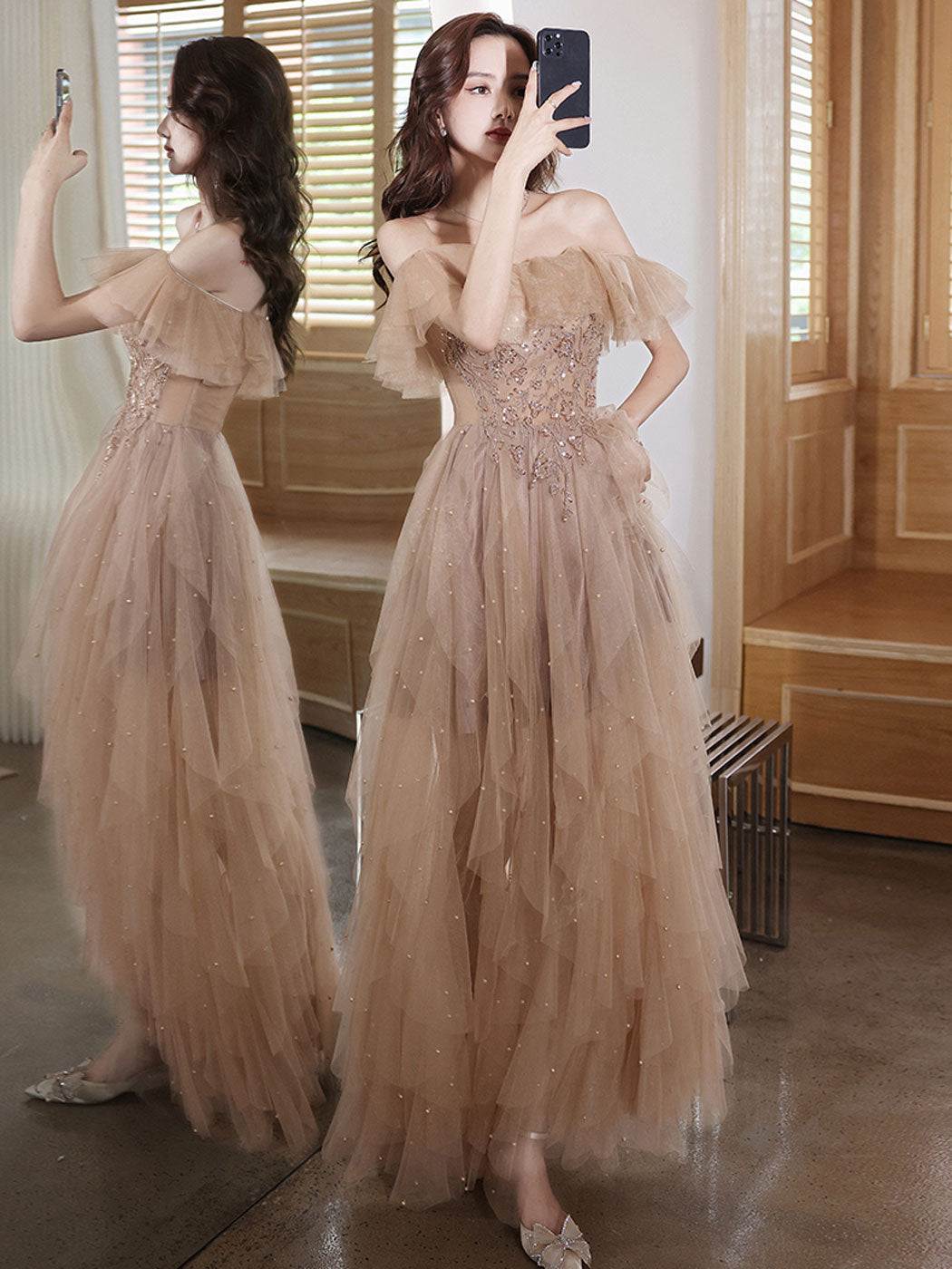 A-Line Off Shoulder Champagne Long Prom Dress, Champagne Formal Dress