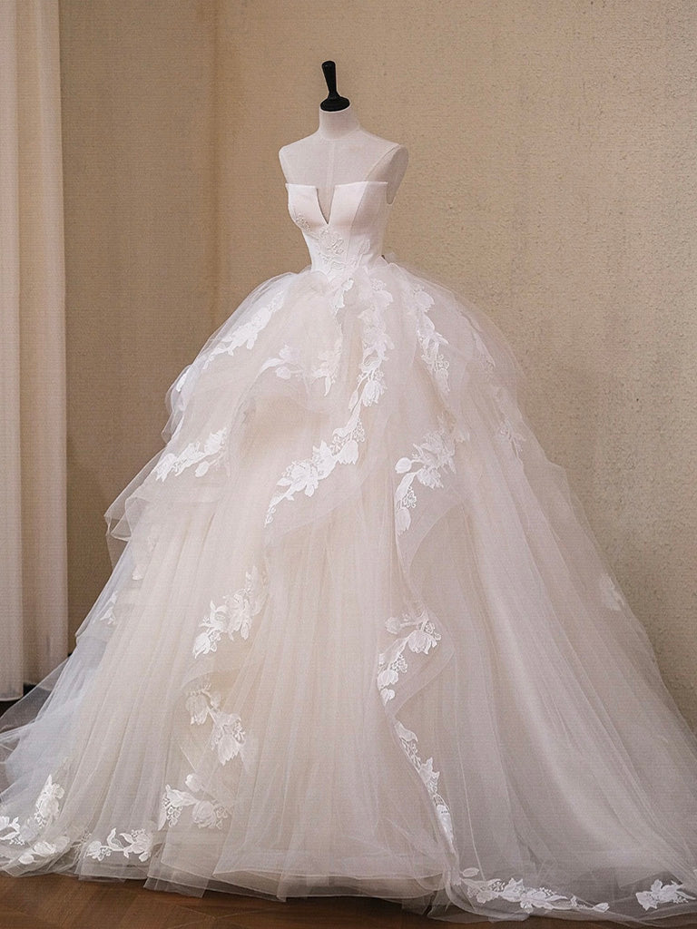 A-Line Tulle Lace Light Champagne Long Prom Dress