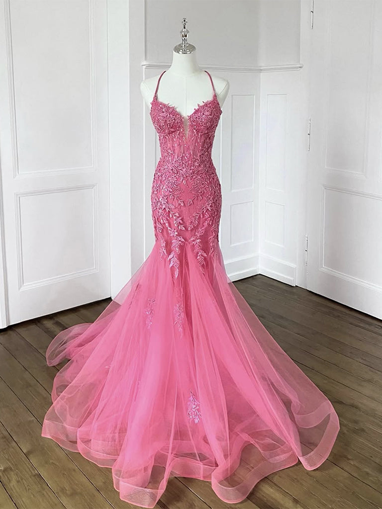 Mermaid V Neck Tulle Lace Yellow Long Prom Dress, Yellow Long Formal Dress