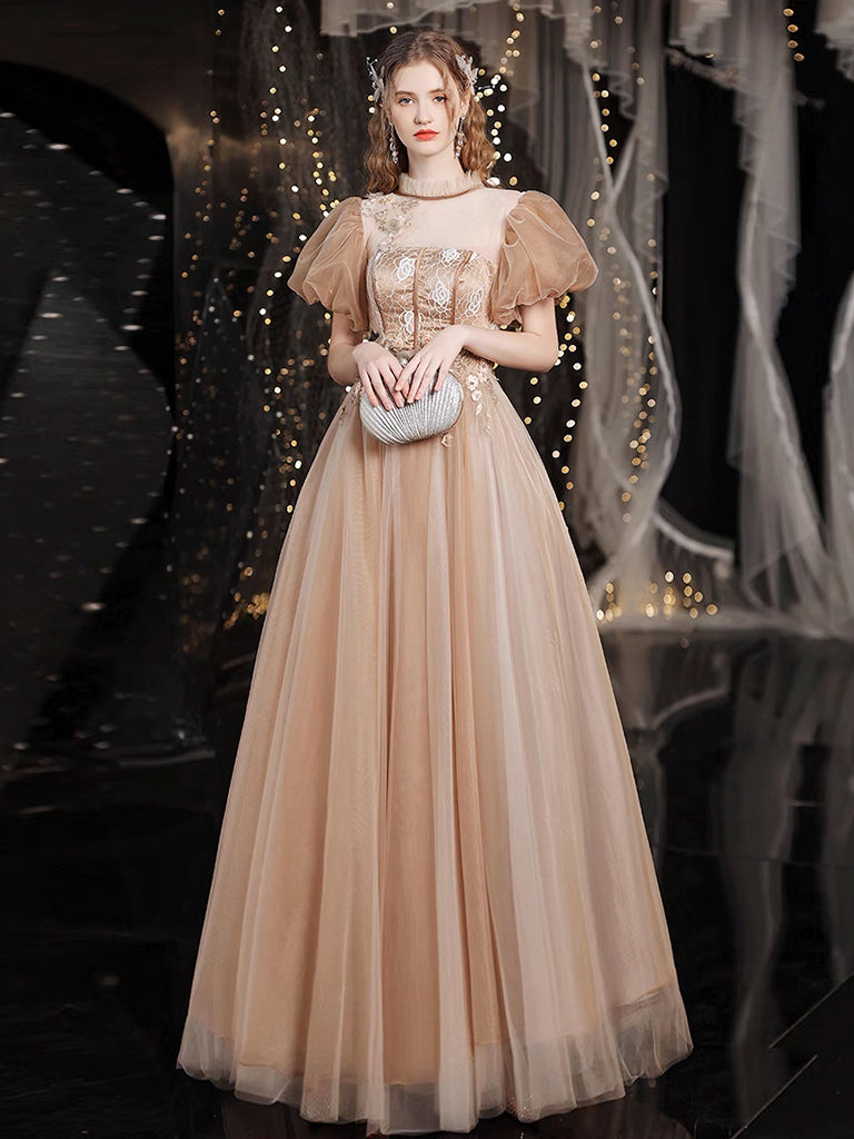 A-Line Tulle Lace Champagne Long Prom Dress, Champagne Long Formal Dress