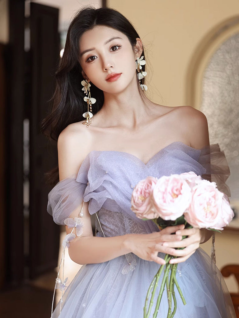 A-Line Sweetheart Neck Tulle Long Prom Dress, Purple Formal Dress