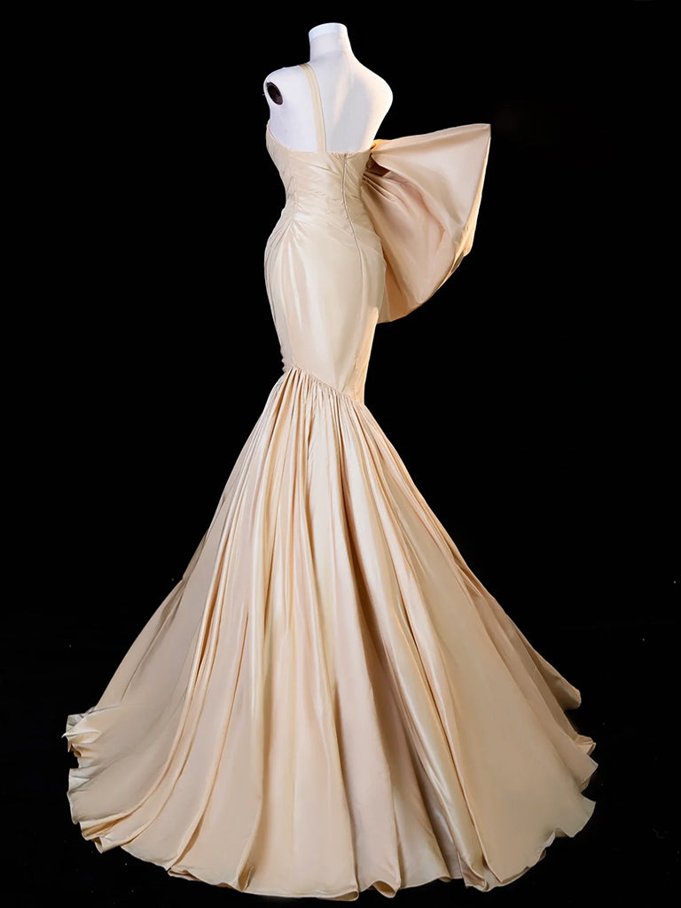 Mermaid Satin Champagne Long Prom Dress, Champagne Long Formal Dress