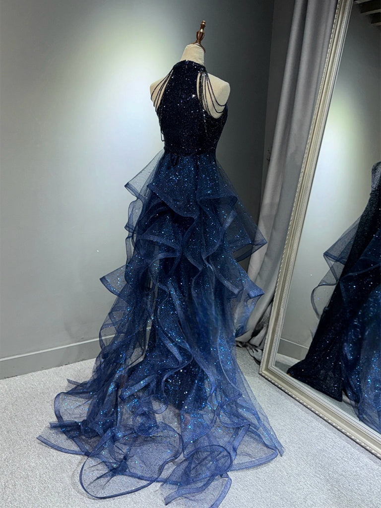 A-Line High Neck Tulle Sequin Dark Blue Long Prom Dress with Beads