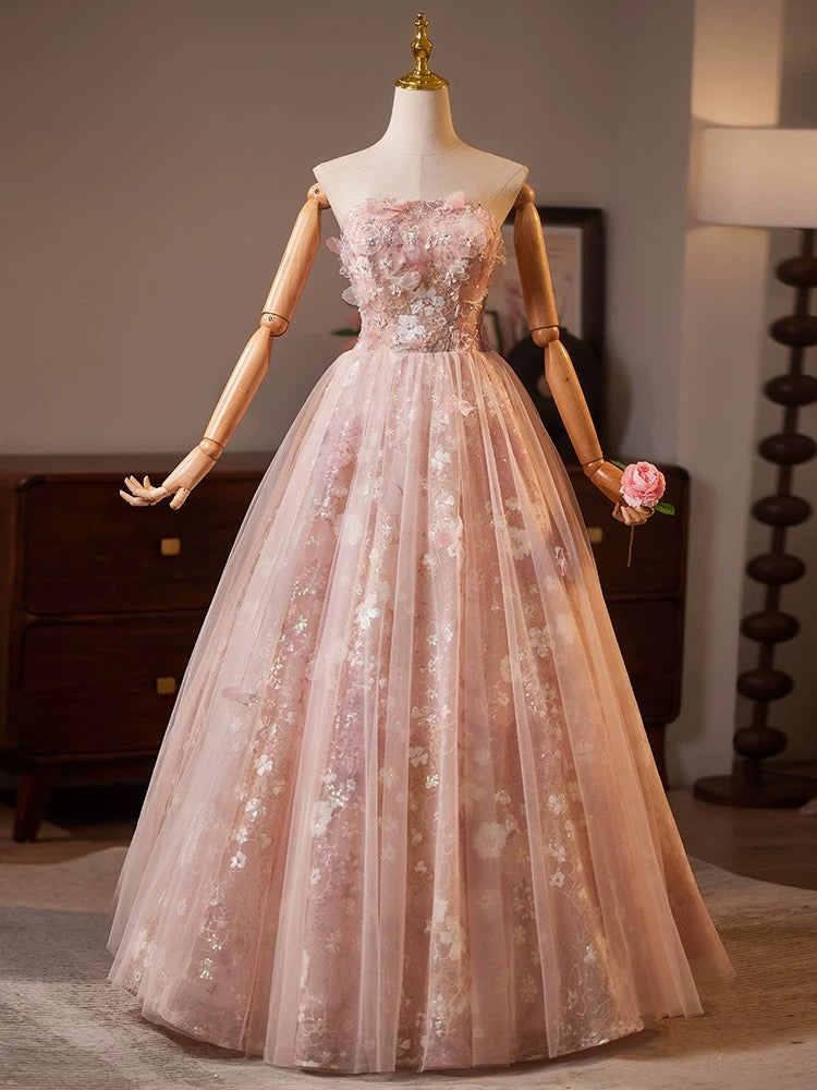 A-Line Tulle Lace Pink Long Prom Dress, Pink Lace Long Formal Dress