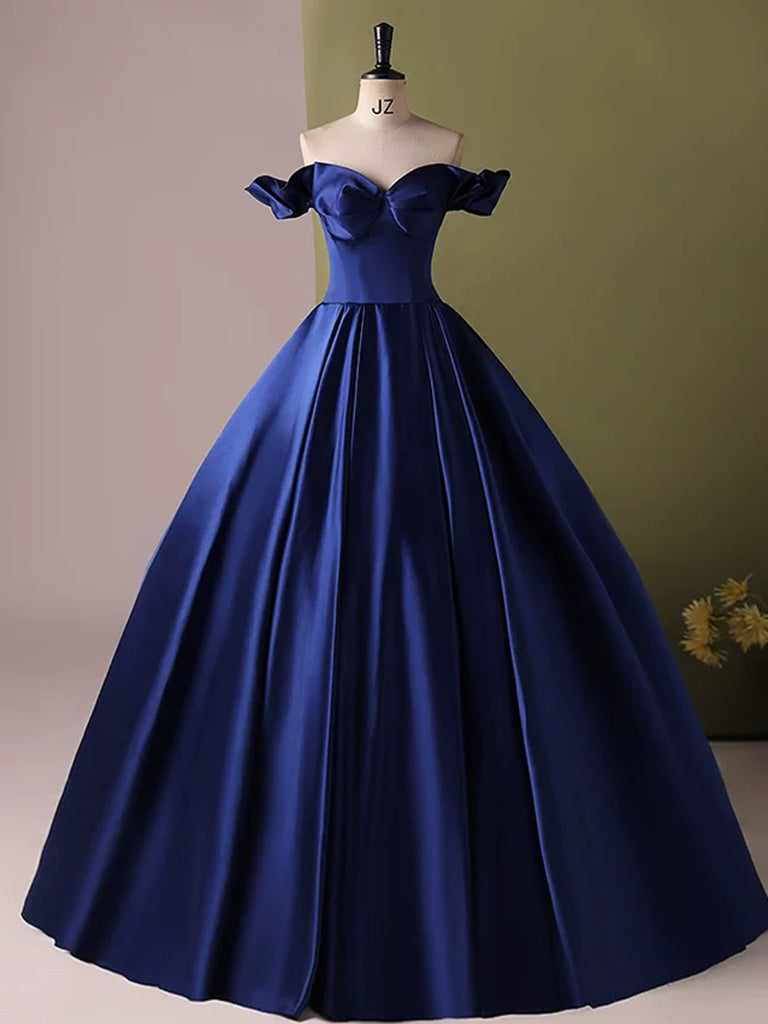 A-Line Off Shoulder Satin Blue Long Prom Dress, Blue Long Formal Dress dresstby A-Line Off Shoulder Satin Blue Long Prom Dress, Blue Long Formal Dress dresstby