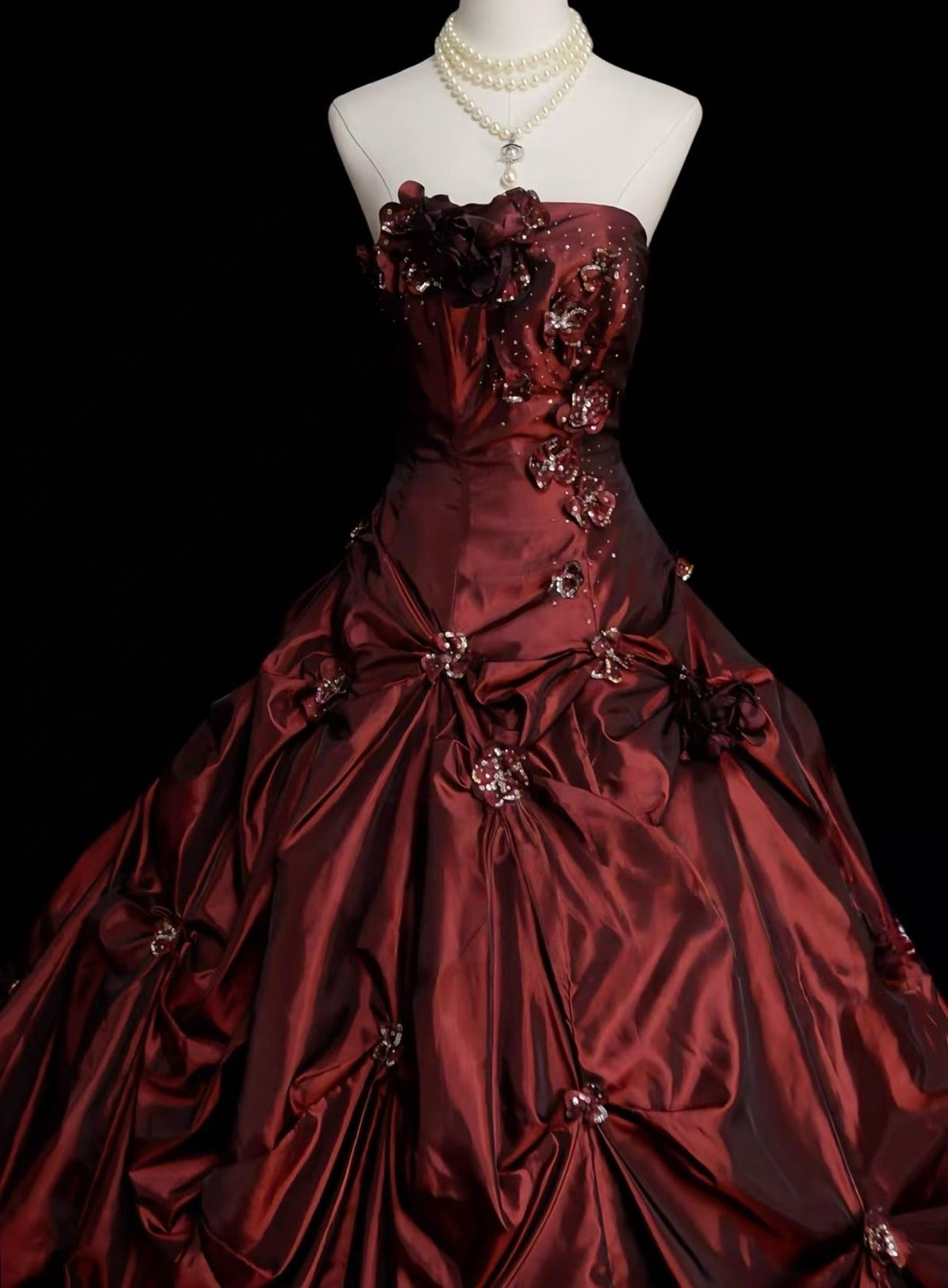 A-line Taffeta Sweep Train Burgundy Long Prom Dress with Beads