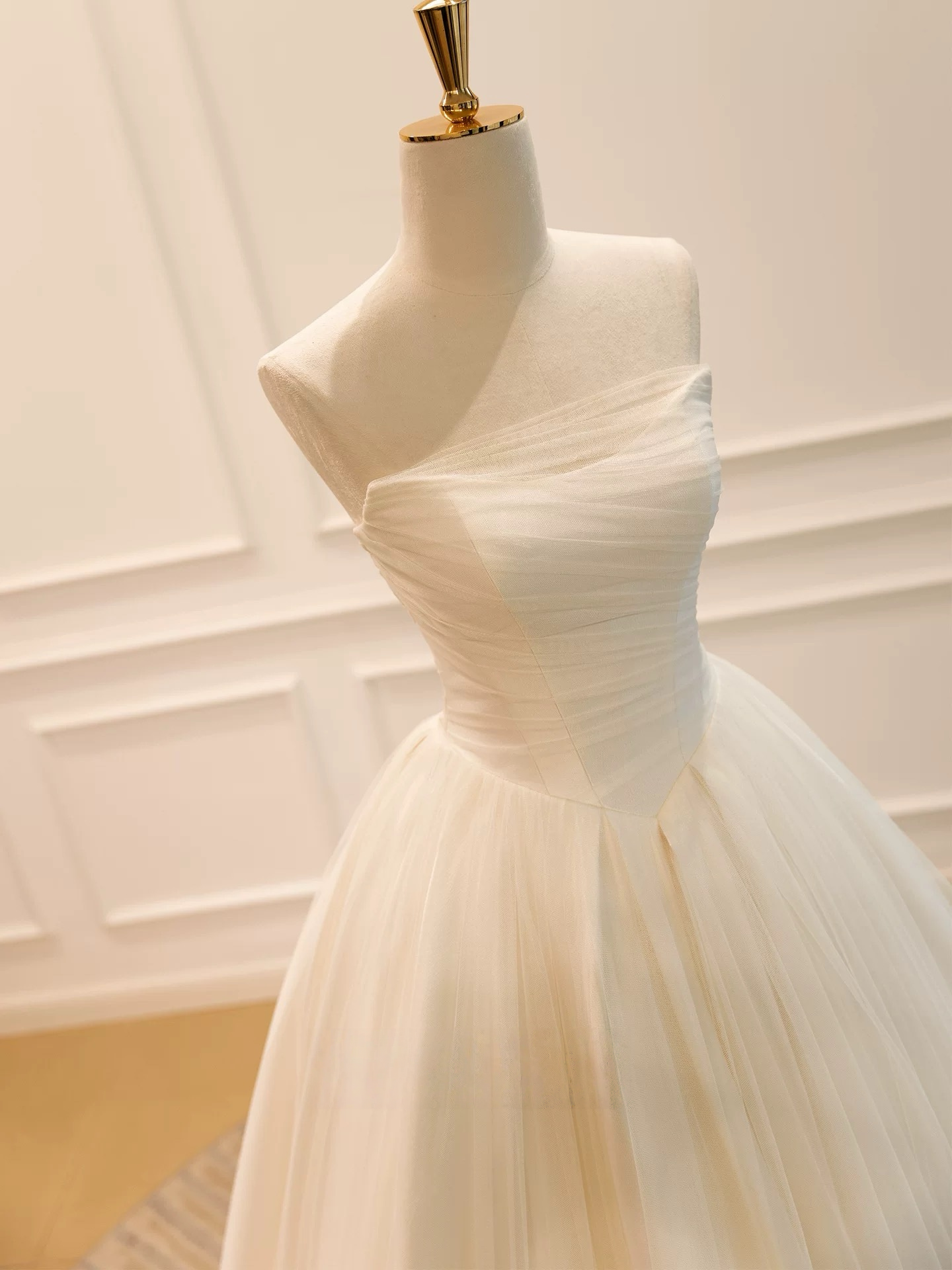 A-Line Off Shoulder Tulle Light Champagne Long Prom Dress, Light Champagne Long Formal Dress