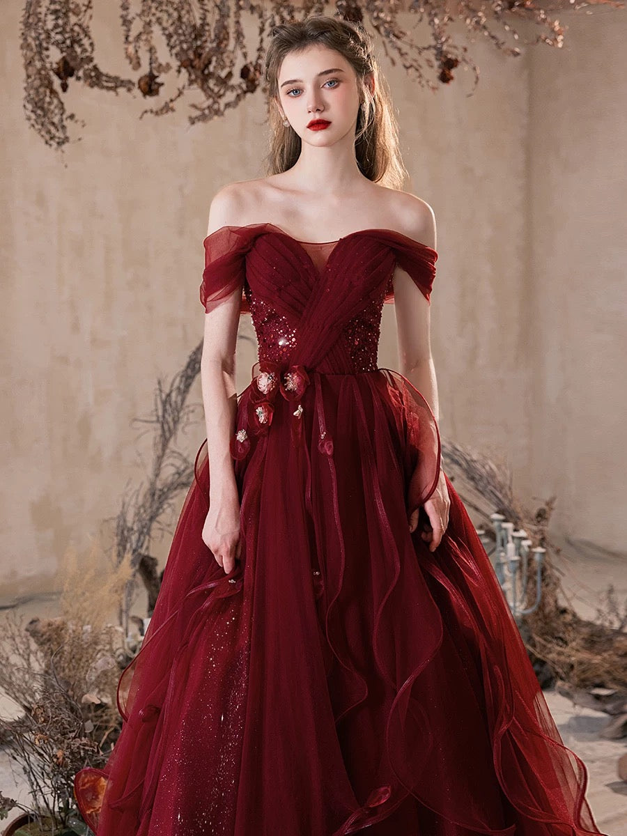 Ball Gown Off Shoulder Tulle Flower Floor Length Burgundy Prom Dress