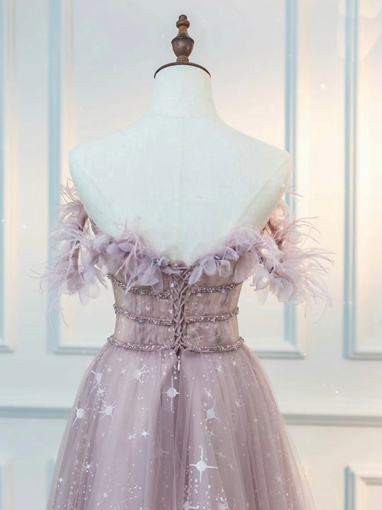 A-Line Off Shoulder Tulle Lace Pink Long Prom Dress, Pink Long Graduation Dress