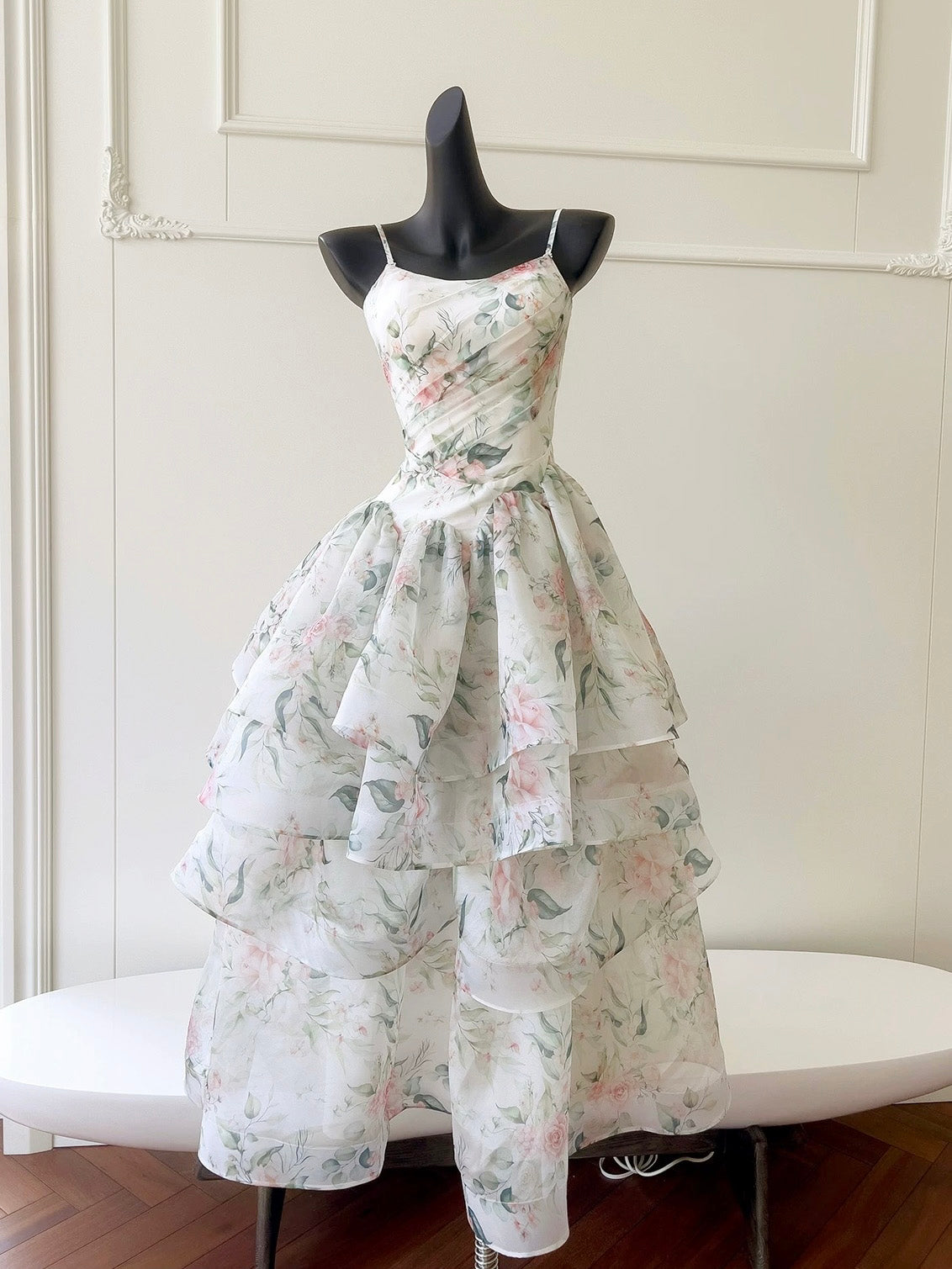 A-line Printed Organza Long Light Champagne Party Prom Dress