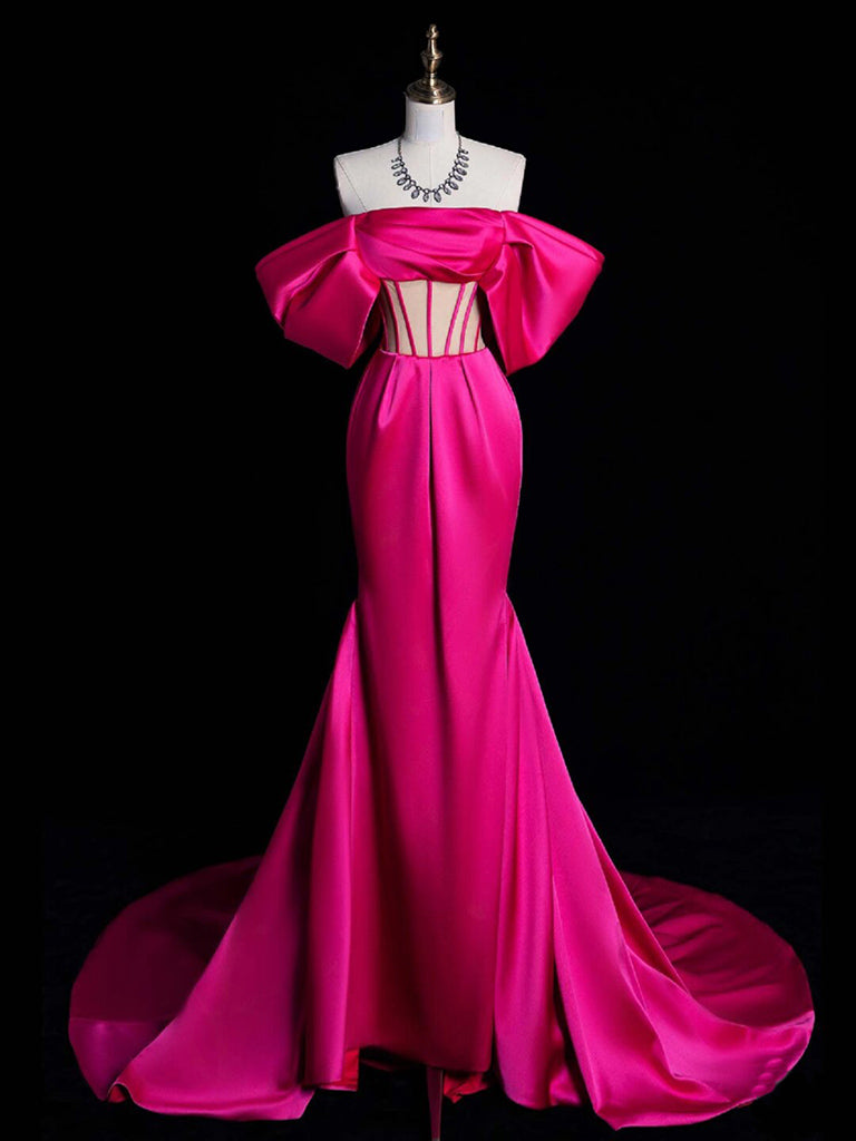 Simple Off Shoulder Mermaid Rose Red Long Prom Dress, Rose Red Satin L dresstby Simple Off Shoulder Mermaid Rose Red Long Prom Dress, Rose Red Satin L dresstby