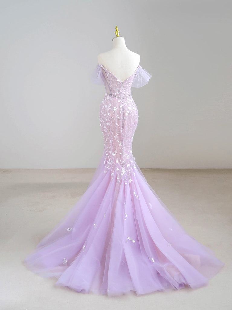 Mermaid Off Shoulder Sequin Tulle Purple Long Prom Dress, Purple Long Formal Dress