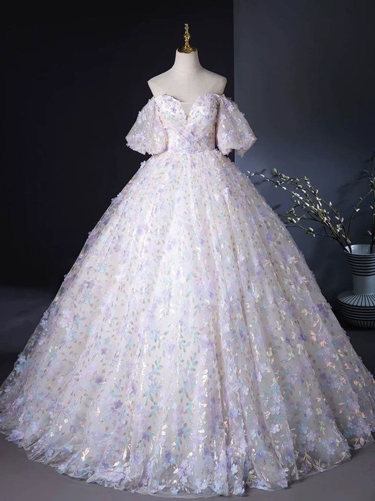 A-Line Sweetheart Neck Tulle Lace Light Purple Long Prom Dress, Purple Long Formal Dress