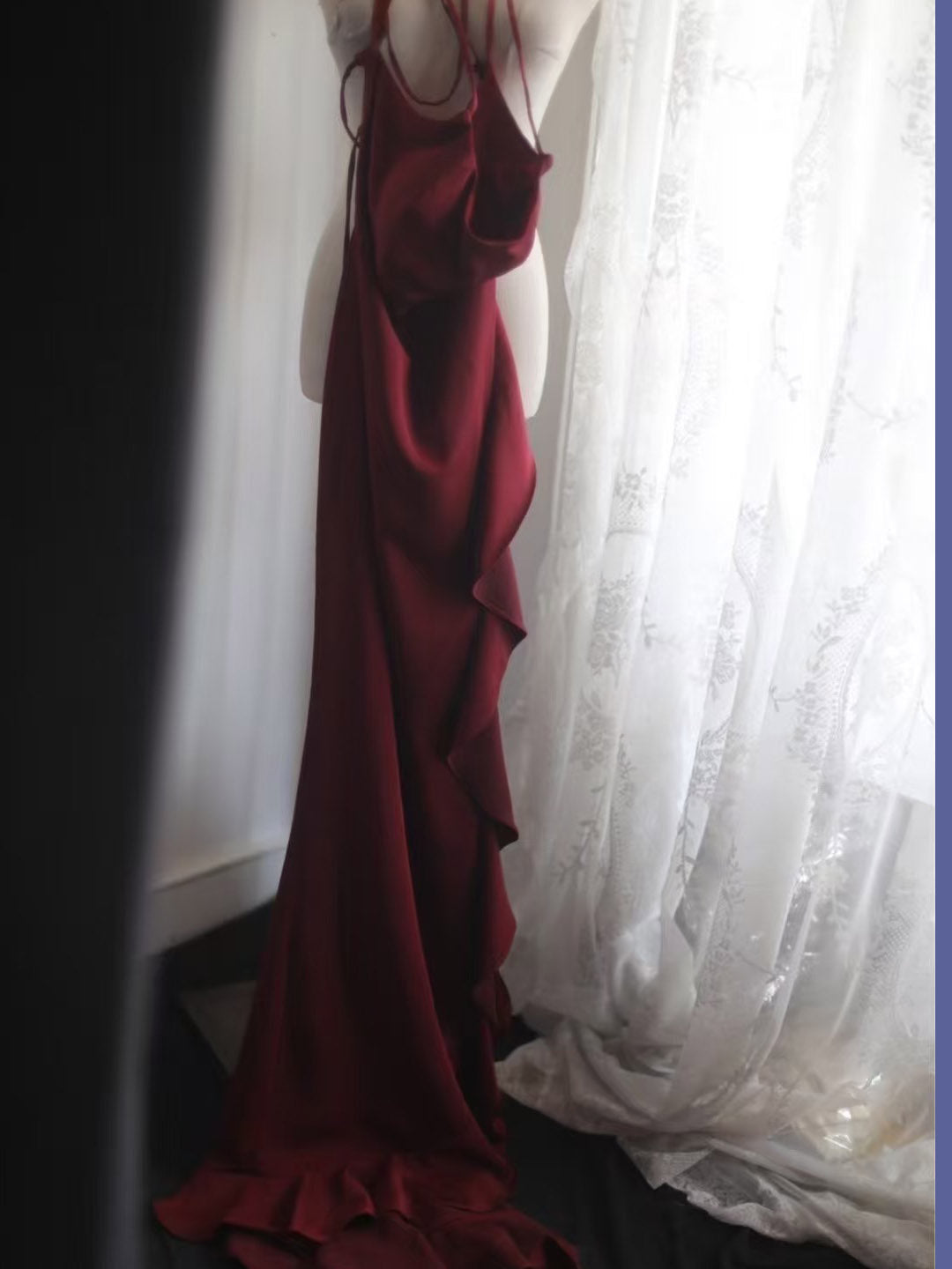 A-line Spoon Neck Ruffles Burgundy Long Prom Dress, Burgundy Party Dress