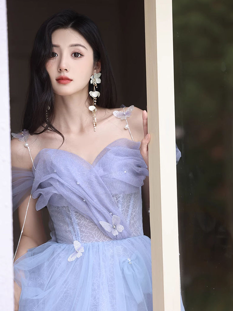 A-Line Sweetheart Neck Tulle Long Prom Dress, Purple Formal Dress