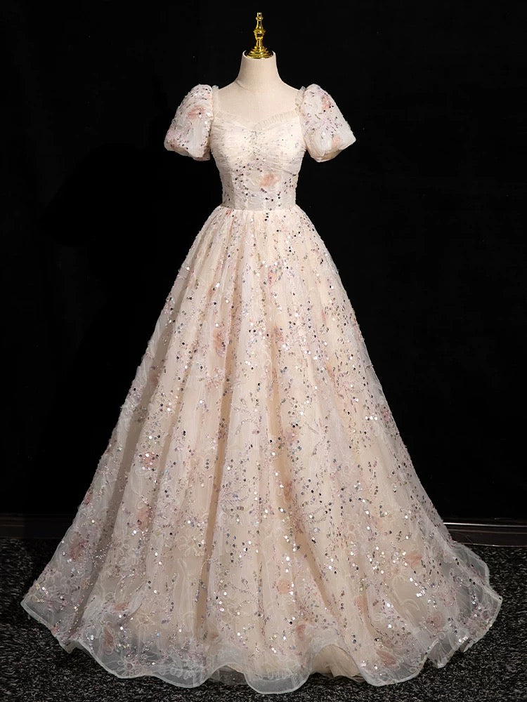 A-Line Puff sleeves Tulle Lace Champagne Pink Long Prom Dress, Champag dresstby A-Line Puff sleeves Tulle Lace Champagne Pink Long Prom Dress, Champag dresstby