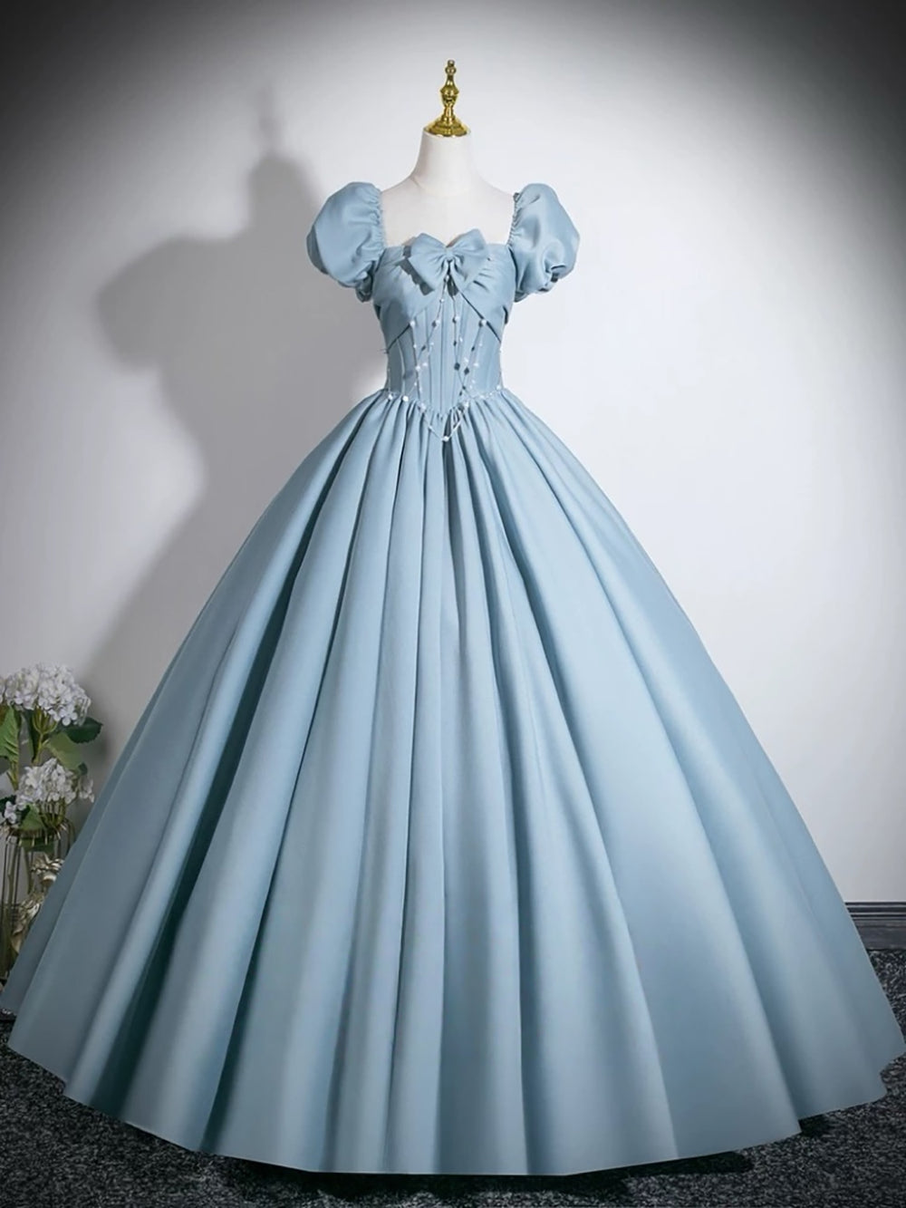 A-line Puff Sleeves Satin Floor Length Blue Long Prom Dress with Beads