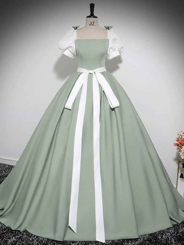 A-Line Puff Sleeves Satin Green Long Prom Dress, Green Long Formal Dre dresstby A-Line Puff Sleeves Satin Green Long Prom Dress, Green Long Formal Dre dresstby