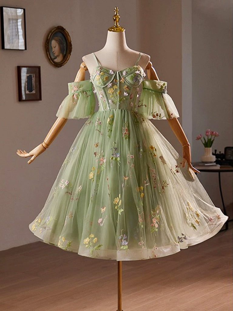 A-Line Sweetheart Neck Tulle Lace Short Prom Dress, Green Homecoming D dresstby A-Line Sweetheart Neck Tulle Lace Short Prom Dress, Green Homecoming D dresstby