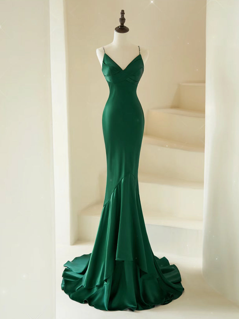 Mermaid V Neck Satin Green Long Prom Dress, Green Satin Long Formal Dr dresstby Mermaid V Neck Satin Green Long Prom Dress, Green Satin Long Formal Dr dresstby