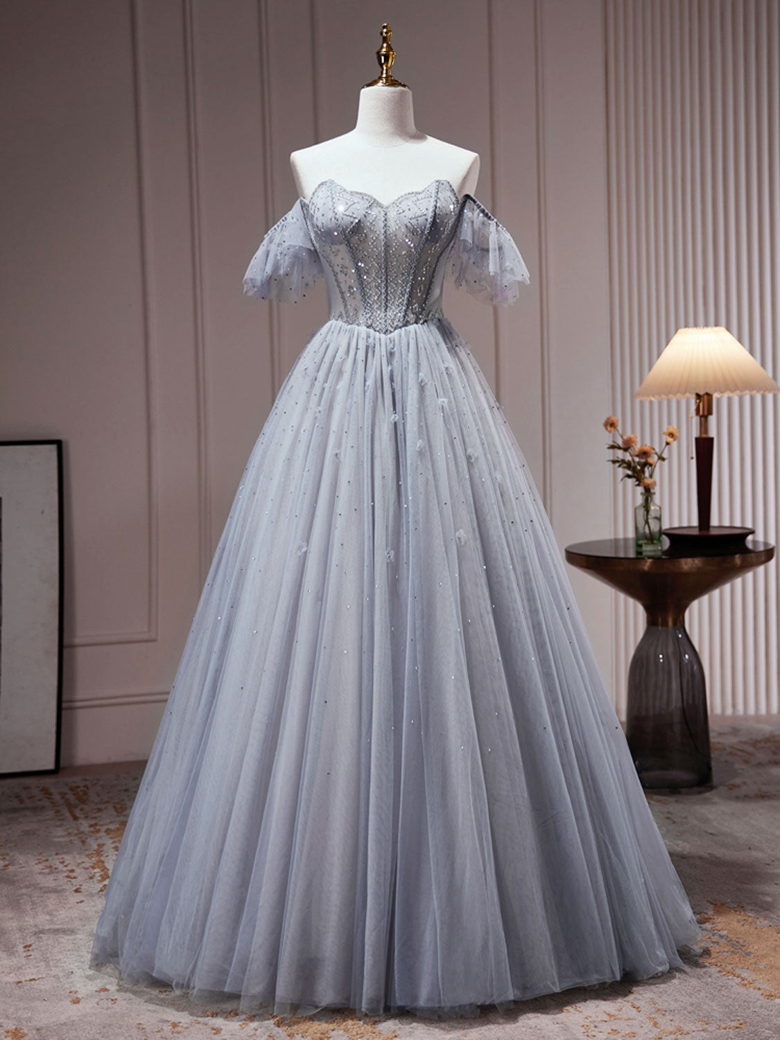A-Line Gray Blue Tulle Sequin Beading Long Prom Dress, Gray Blue Eveni dresstby A-Line Gray Blue Tulle Sequin Beading Long Prom Dress, Gray Blue Eveni dresstby