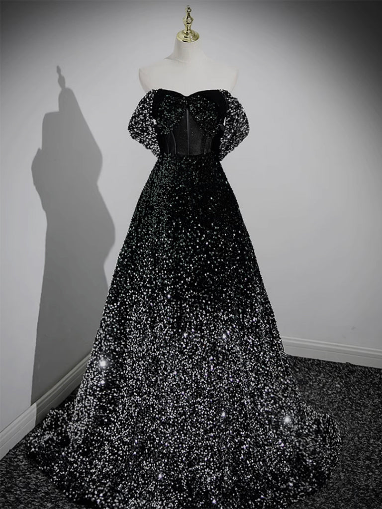 A-Line Sweetheart Neck Black Sequin Long Prom Dress, Black Formal Dres A-Line Sweetheart Neck Black Sequin Long Prom Dress, Black Formal Dres