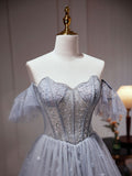A-Line Gray Blue Tulle Sequin Beading Long Prom Dress, Gray Blue Evening Dress
