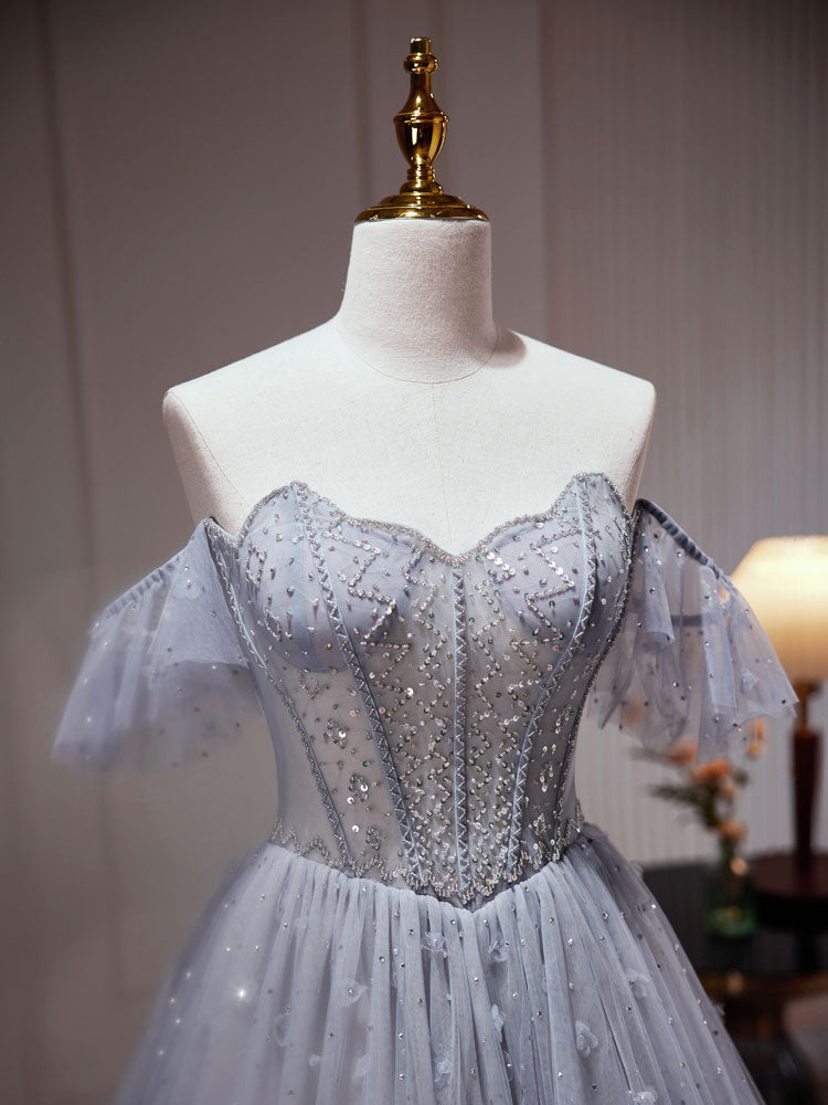 A-Line Gray Blue Tulle Sequin Beading Long Prom Dress, Gray Blue Evening Dress