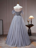 A-Line Gray Blue Tulle Sequin Beading Long Prom Dress, Gray Blue Evening Dress