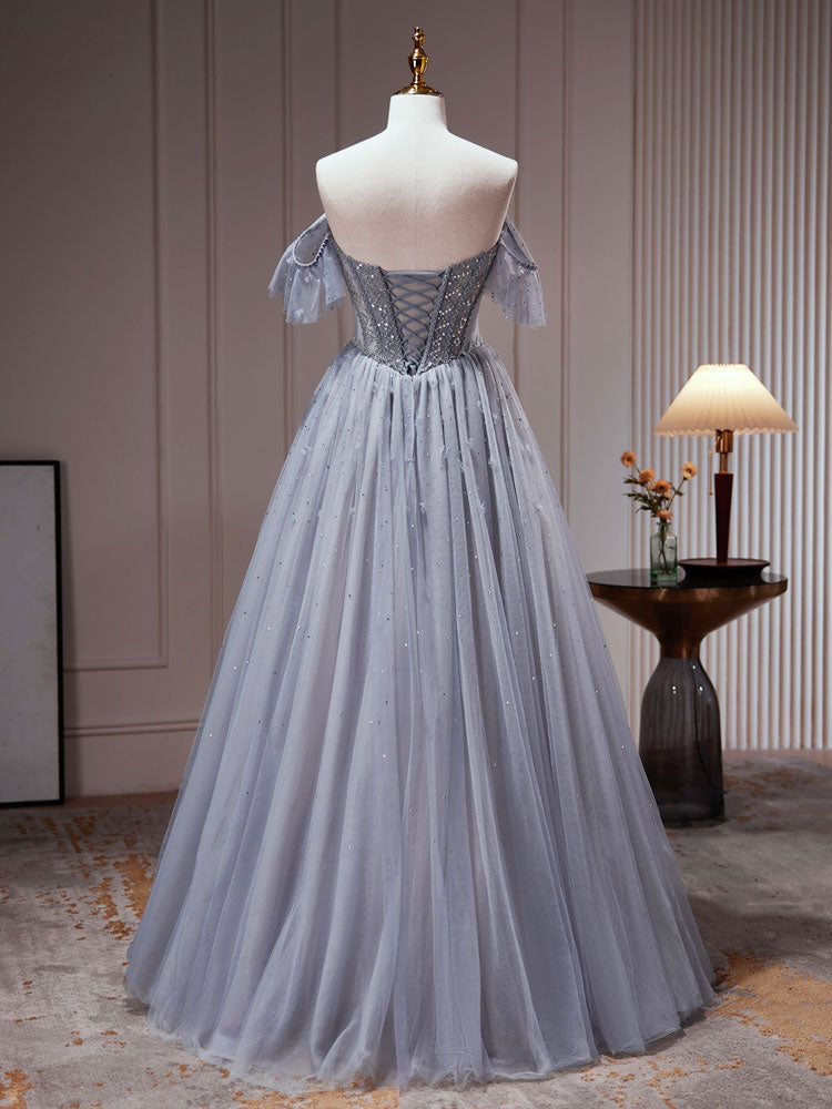 A-Line Gray Blue Tulle Sequin Beading Long Prom Dress, Gray Blue Evening Dress