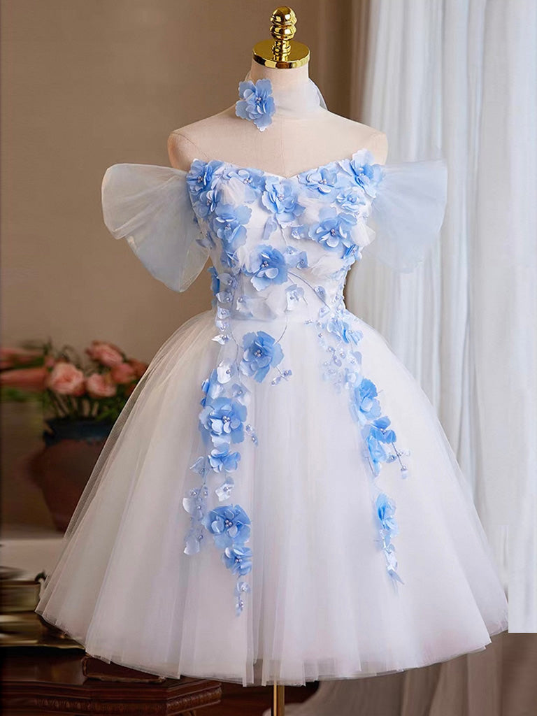 A-Line Off Shoulder Tulle Lace Applique White Prom Dress, White Homeco dresstby A-Line Off Shoulder Tulle Lace Applique White Prom Dress, White Homeco dresstby