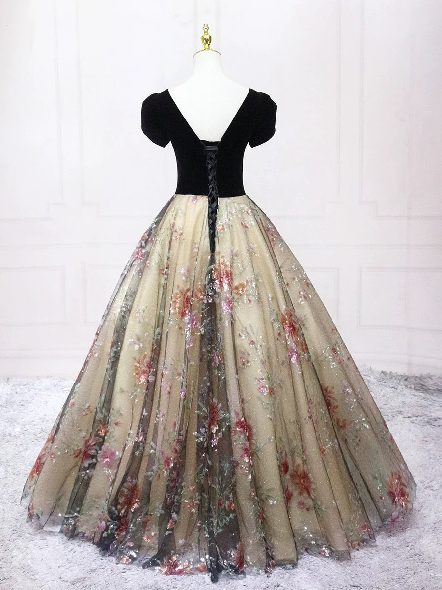 A-Line V Neck Tulle Velvet Black Long Prom Dress, Black Long Formal Dress