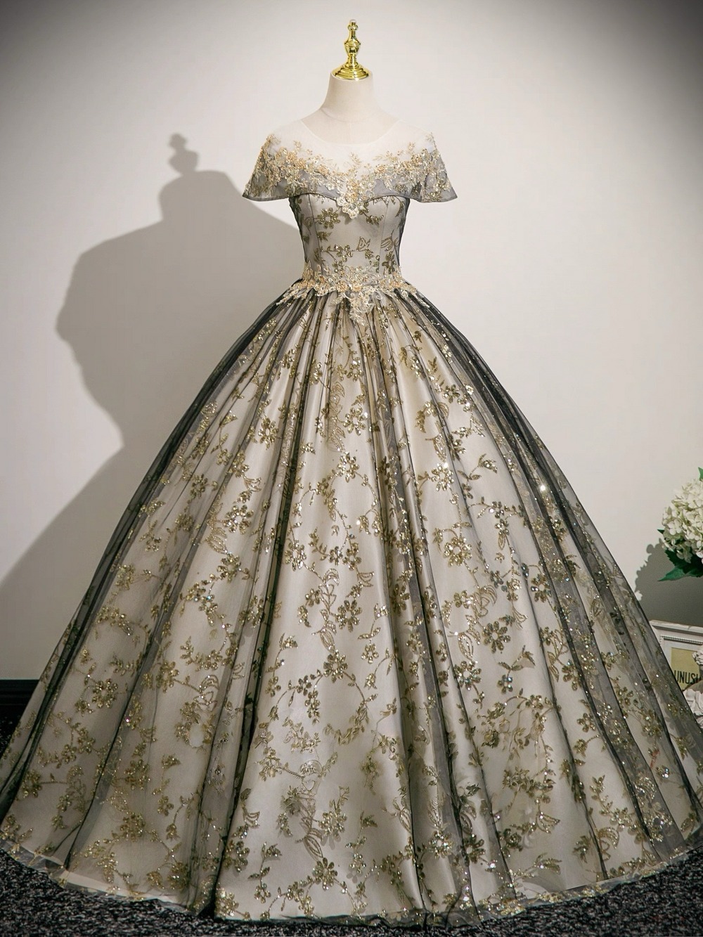 A-Line Tulle Lace Gray Long Prom Dress, Gray Long Evening Dress