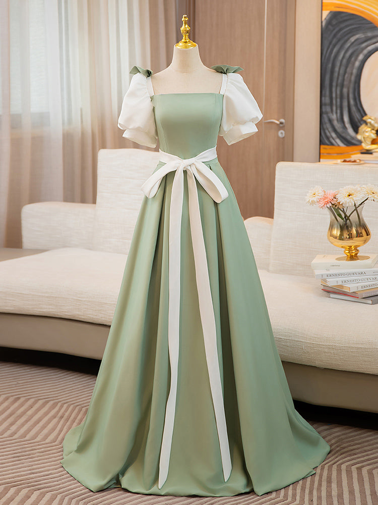 A-Line Puff Sleeves Satin Green Long Prom Dress, Green Sweet 16 Dress