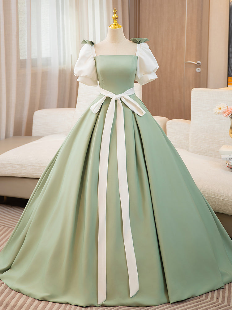 A-Line Puff Sleeves Satin Green Long Prom Dress, Green Sweet 16 Dress