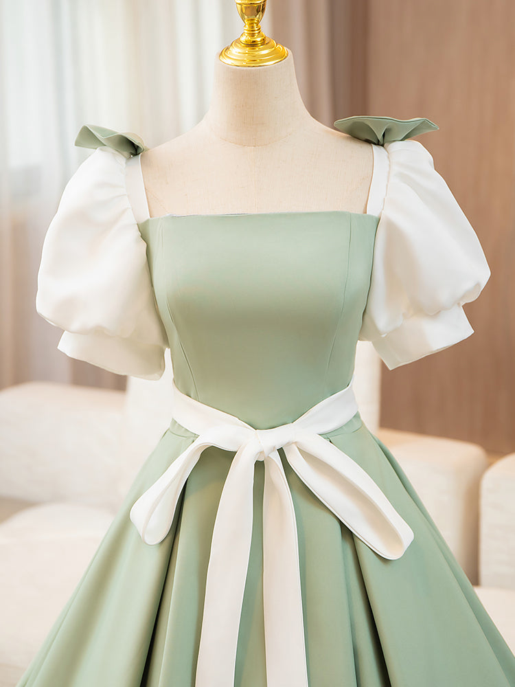 A-Line Puff Sleeves Satin Green Long Prom Dress, Green Sweet 16 Dress