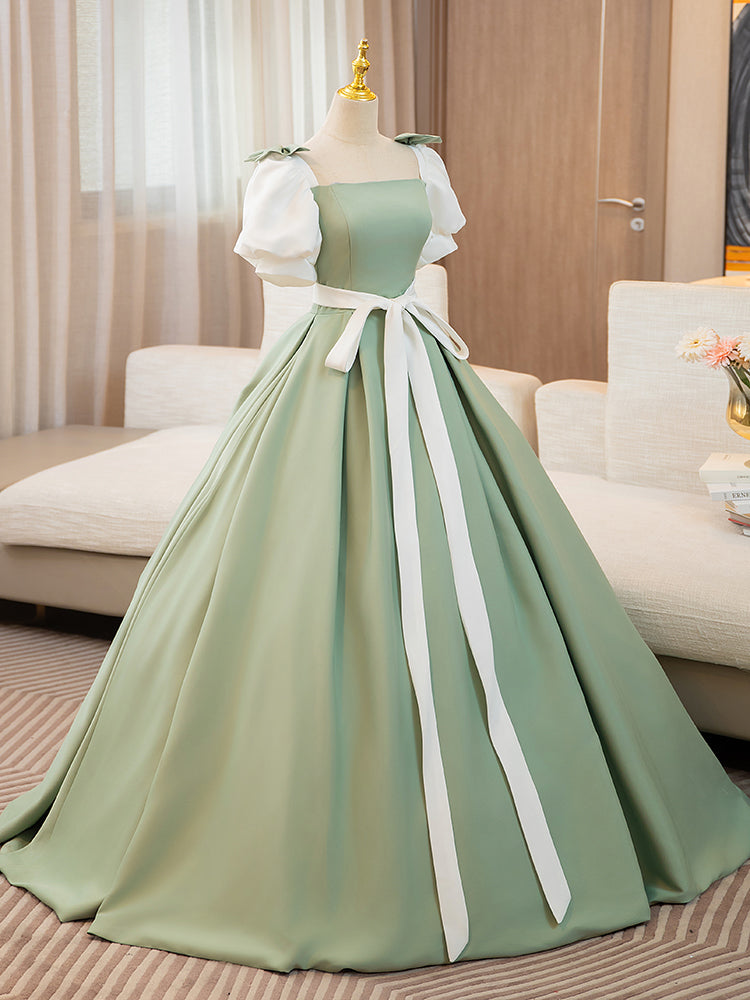 A-Line Puff Sleeves Satin Green Long Prom Dress, Green Sweet 16 Dress