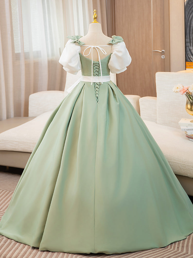 A-Line Puff Sleeves Satin Green Long Prom Dress, Green Sweet 16 Dress