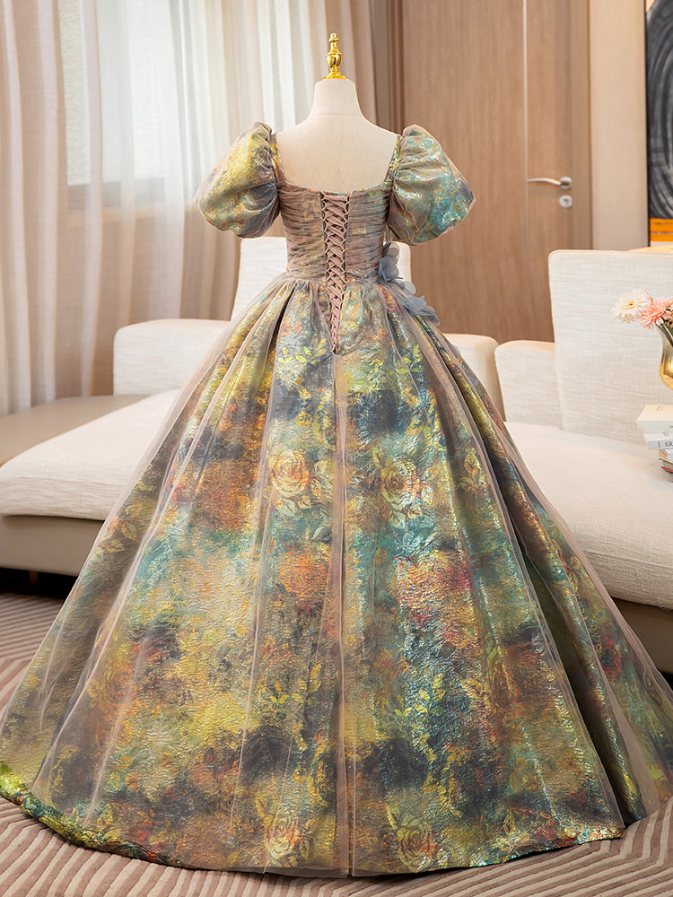 Unique A-Line Puff Sleeves Gold Long Prom Dress with Flower